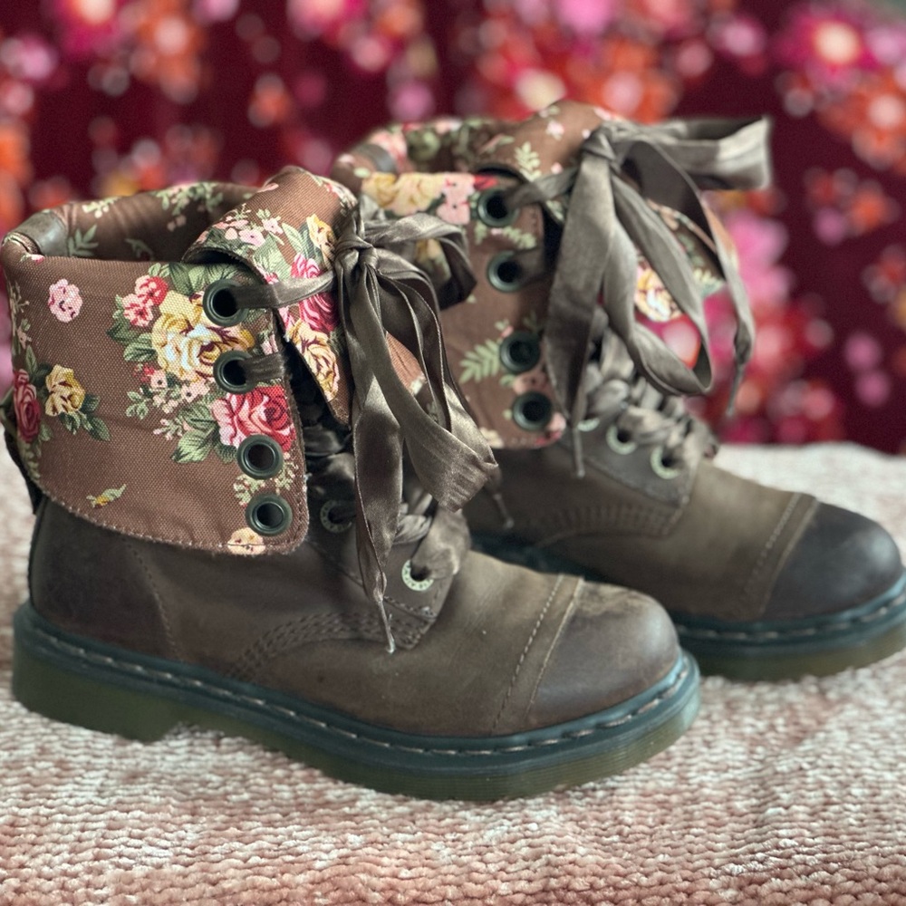 Dr. Martens Brown Leather Floral Foldover Triumph Lace Up Boots